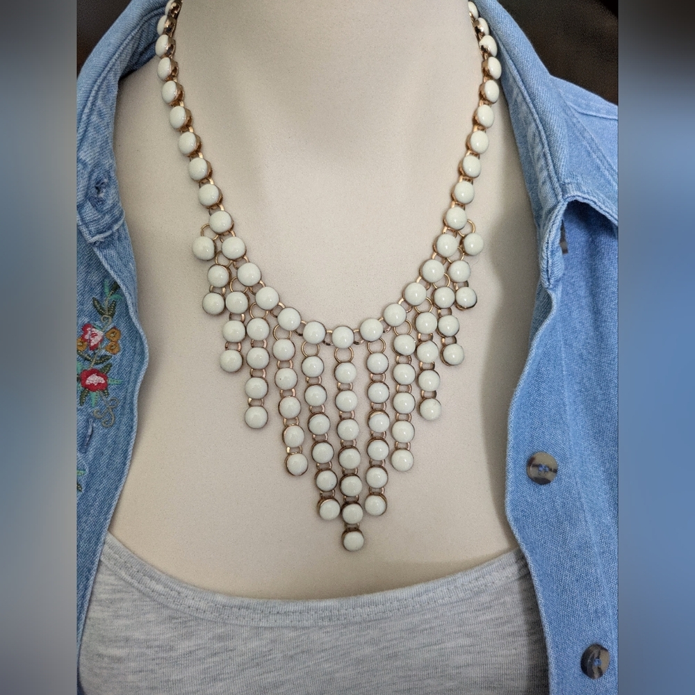 Statement Necklace Gold Tone Beige Cabochons Adjustable Boho Dressy Whimsygoth